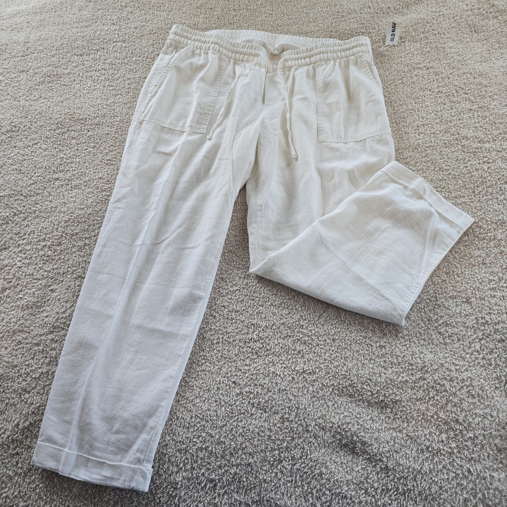Old Navy White Linen Blend Pants Drawstring Tapered Cuffed Sz L NWT Resort-wear